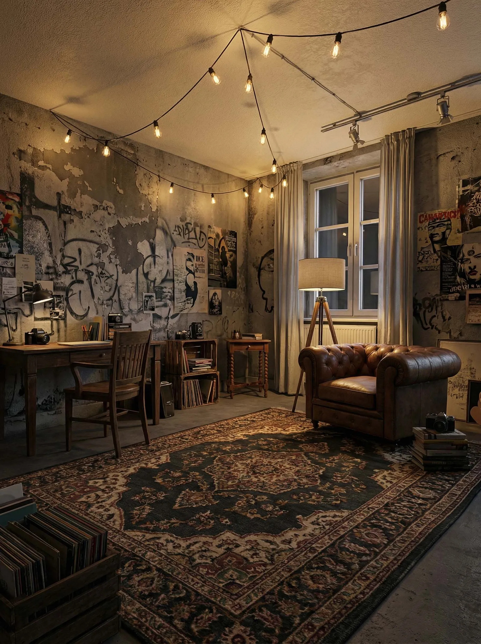 A dark, grungy living room with concrete walls covered in peeling plaster, graffiti and street posters. Edison-bulb string lights are draped across the ceiling alongside a track light. A single tall window with drop-cloth curtains and a radiator sits centre-right. A brown tufted leather club chair sits on a dark oriental rug beside a wooden tripod floor lamp with a drum shade. Along the left wall a vintage wooden desk with an architect lamp, an old camera and a chair forms a work nook, with wooden crates holding books and vinyl records. A crate of records sits in the foreground and a camera rests on stacked books.