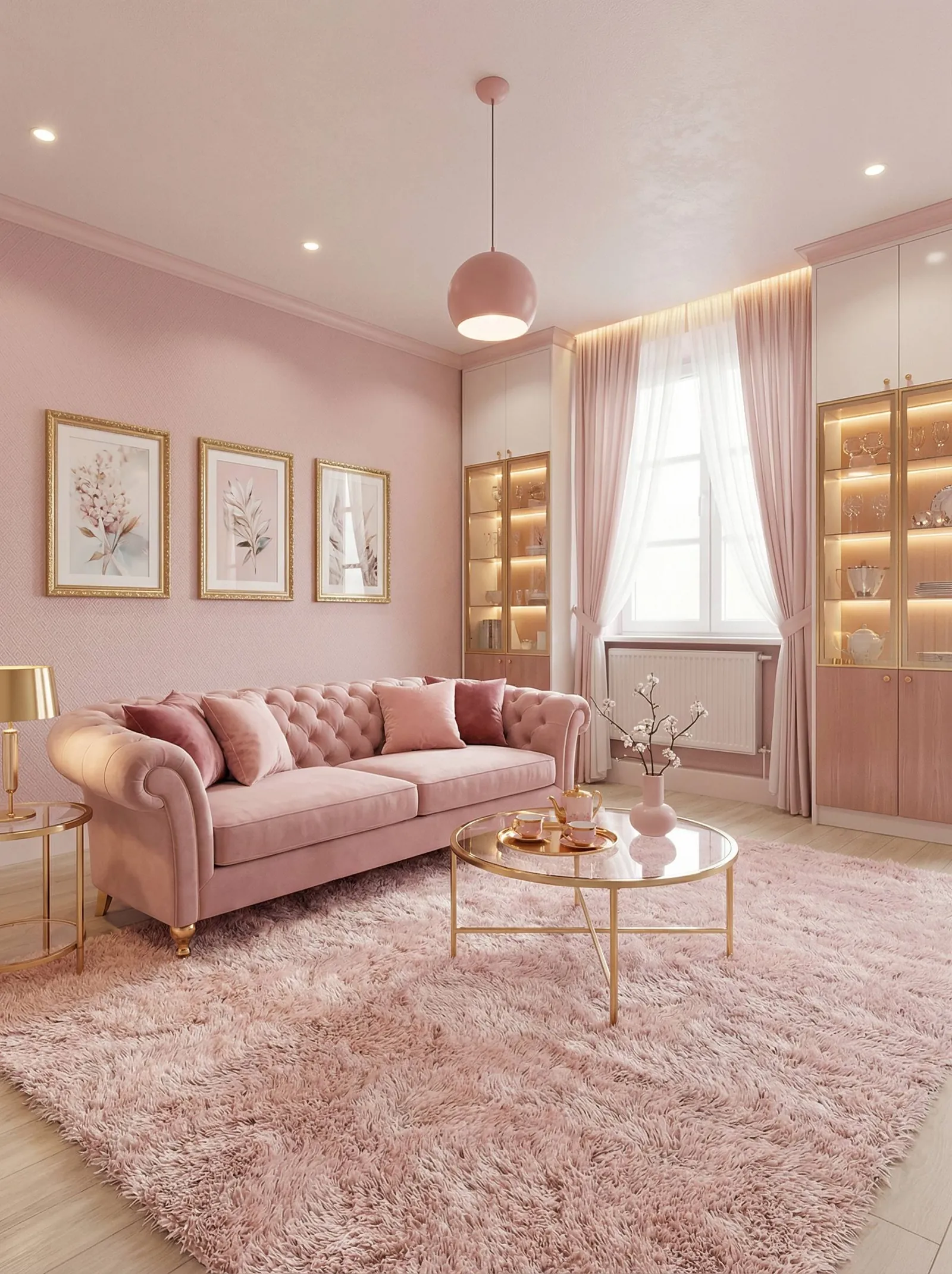 The same room in an all-pink scheme, a blush chesterfield tufted velvet sofa with gold bun feet, pale-pink textured walls, three gold-framed botanical prints, a round brass and glass coffee table with a pink tea set, a pink shag rug, a gold mushroom lamp, a brass side table, a pink globe pendant, and tall LED-lit glass-front display cabinets in blush and brass flanking the tall right-hand window.