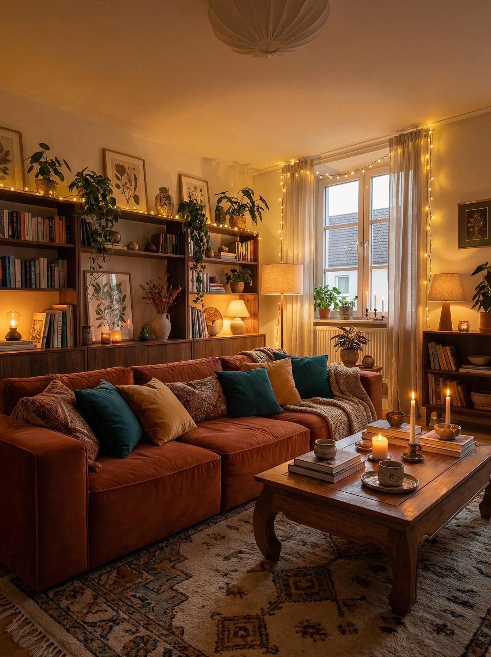 Warm evening living room with a rust velvet sofa, teal and mustard velvet cushions, a full wall of dark wood bookshelves packed with books and trailing plants, a carved dark-wood opium-leg coffee table, a Berber rug, string lights, several warm table lamps and candles, and the tall window with a rooftop view behind sheer curtains.