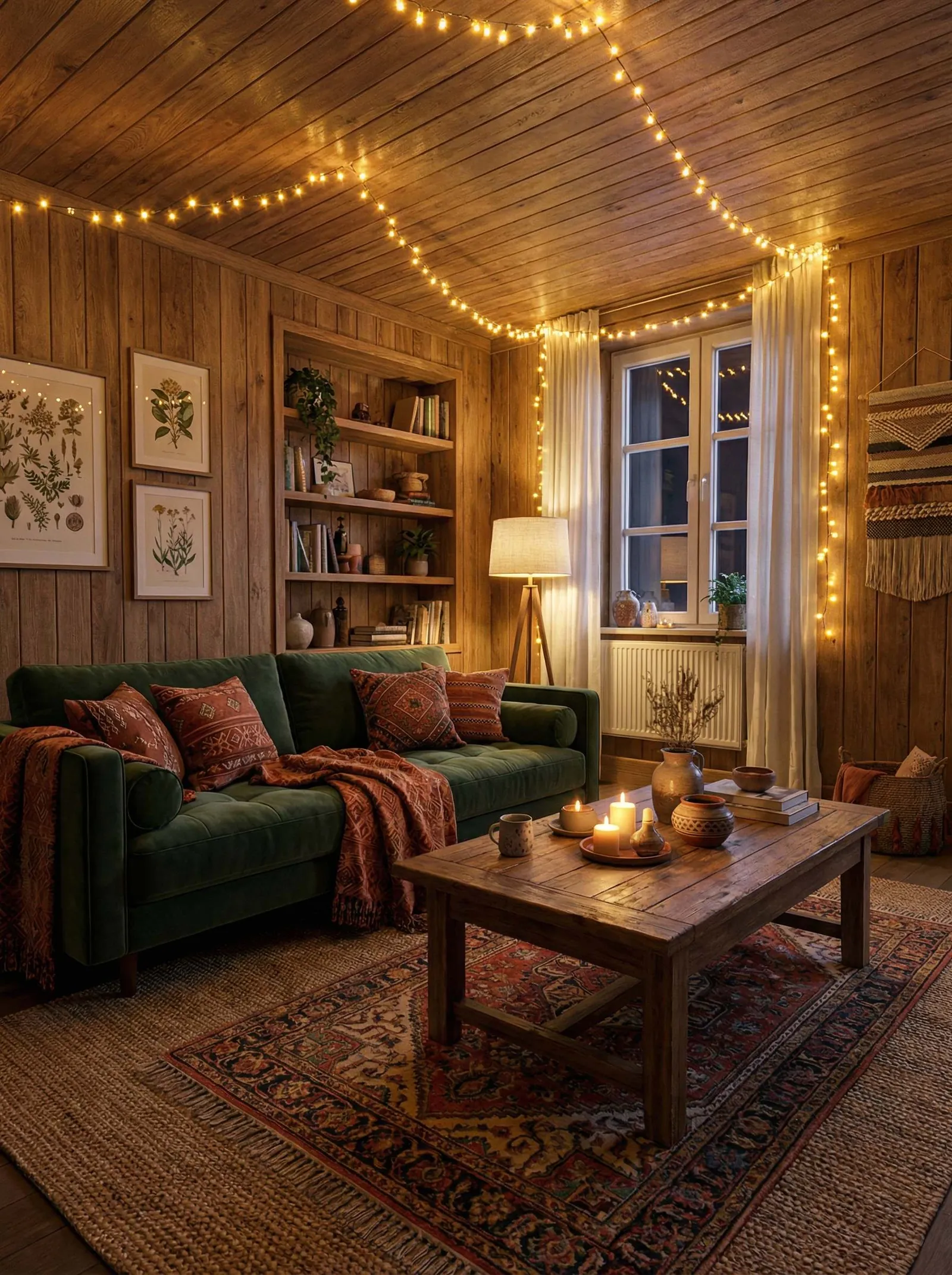 Wood-clad walls and ceiling, a built-in wood shelving niche on the left wall with books, plants, pottery and framed botanical prints, a forest-green velvet sofa with rust kilim cushions and a fringed throw, a rustic wood plank coffee table with candles, pottery and a mug, a red Persian rug layered over a jute rug, a tripod floor lamp with a linen shade, fairy string lights draped across the ceiling and window, one tall window on the right at night with curtains and a radiator, a macrame wall hanging.