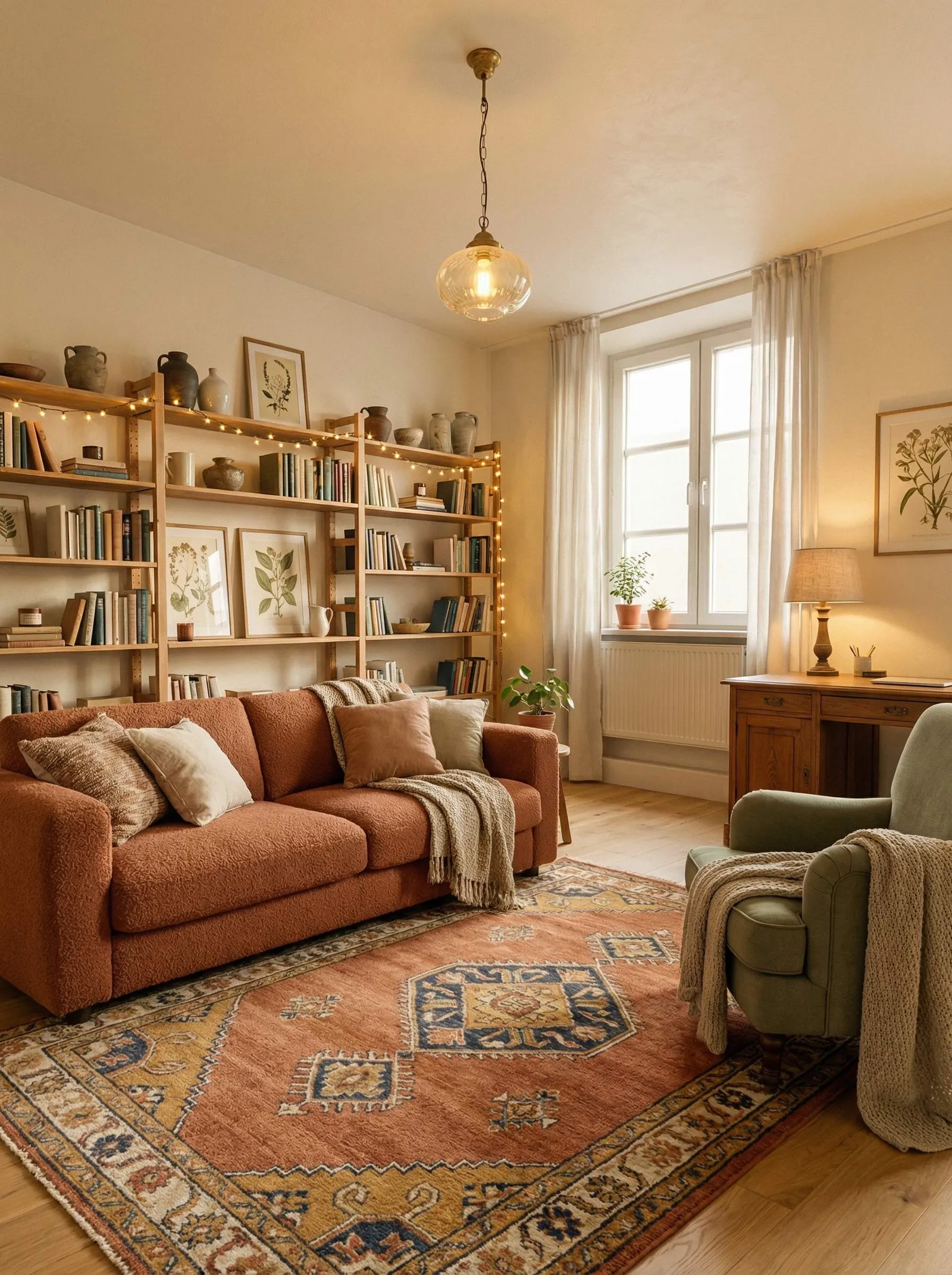 A warm room with a rust boucle sofa and cream cushions, light-wood open shelving along the left wall packed with books, botanical prints and stoneware jugs and strung with fairy lights, a sage green armchair with a chunky throw, a wooden desk with a brass lamp, a rust-and-blue tribal medallion rug, honey wood floor, one tall window on the right with sheers, potted plants on the sill and a radiator, a glass globe pendant.