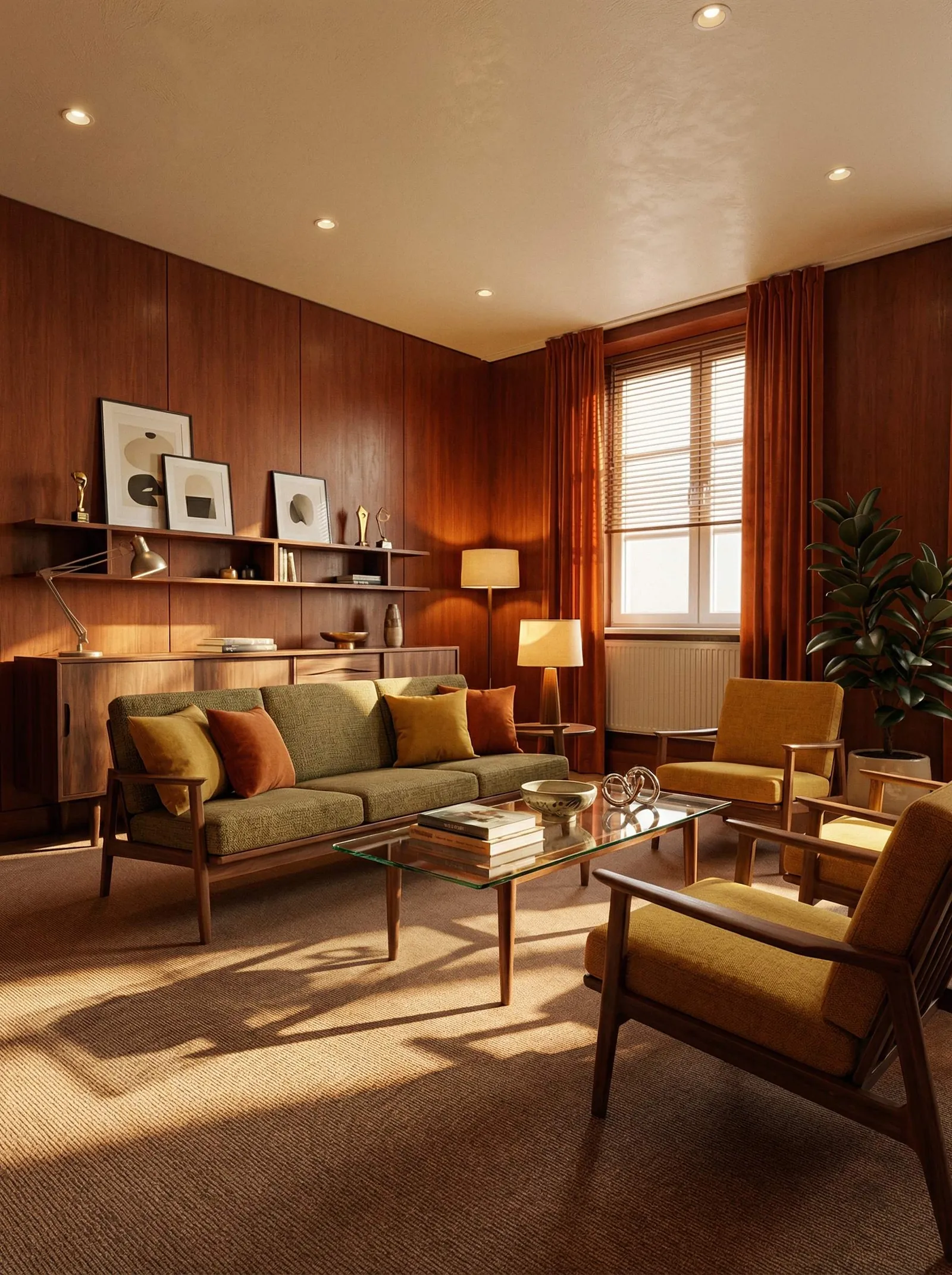 The same room as a full 1960s den, walls clad in teak wood panelling, an olive-green tweed sofa on a teak frame, a pair of mustard armchairs, a wall-mounted teak shelving unit and credenza with framed abstract prints and brass awards, a glass-top coffee table, brown sisal wall-to-wall carpet, rust curtains with venetian blinds on the tall right-hand window, and recessed downlights.