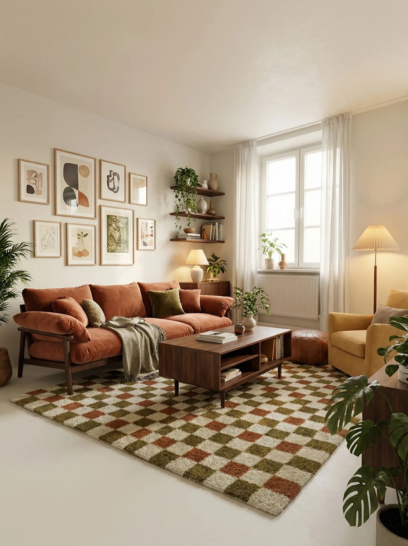 The same corner living room redesigned in autumnal modern: a rust velvet wood-frame sofa with olive cushions and a sage throw, a walnut open-shelf coffee table, a mustard armchair, a tan leather pouf, a green-rust-cream checkerboard shag rug, a grid gallery wall of earthy prints, and walnut corner shelves of trailing plants.