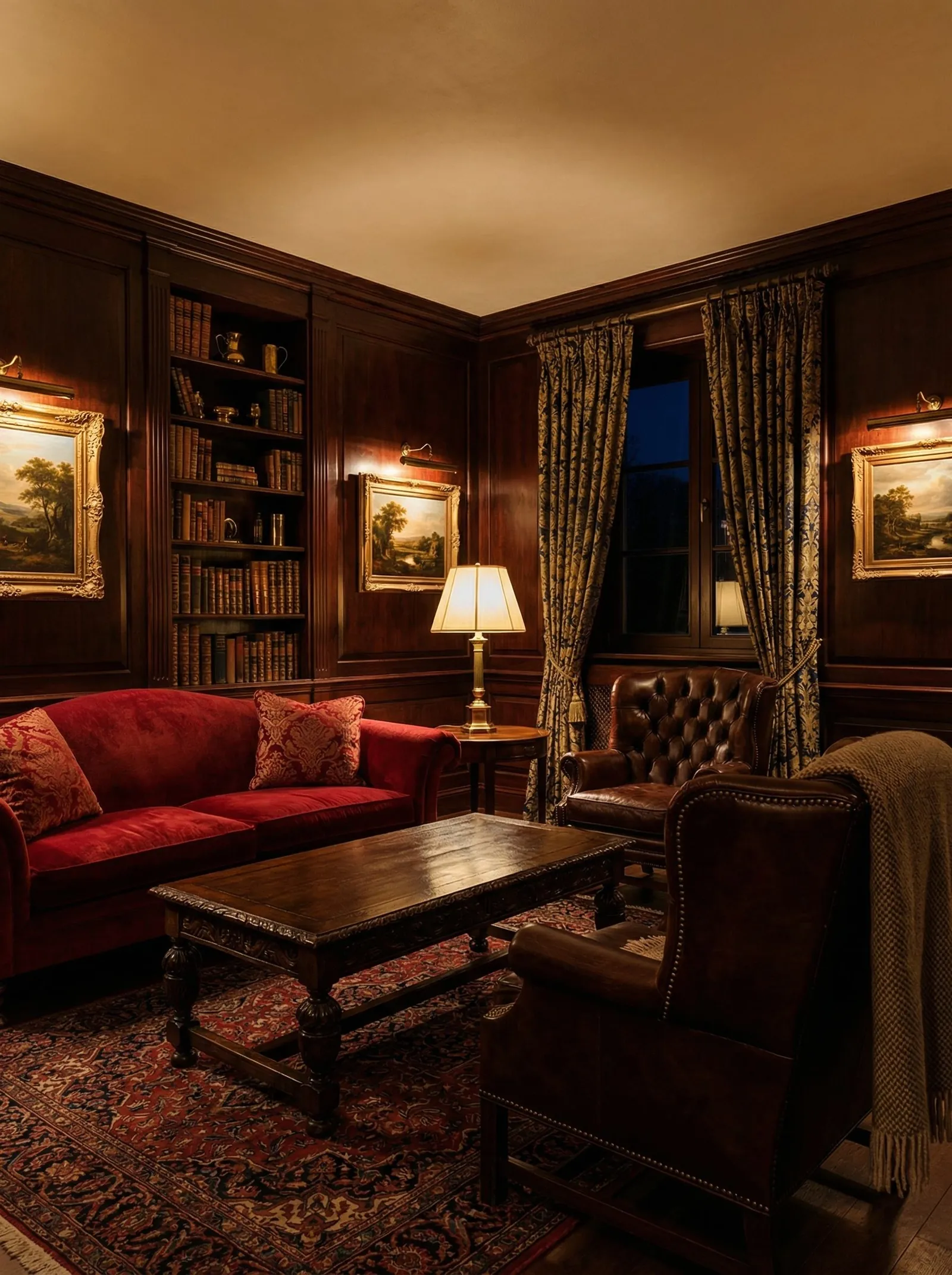 A deep, dark clubby room with mahogany raised-panel walls, a built-in bookcase on the left wall holding leather-bound books, a red velvet camelback sofa with damask cushions, two brown leather tufted Chesterfield wingback chairs, a dark carved-wood coffee table, a red-and-navy antique Persian rug, a brass column lamp on a round side table, gilt-framed landscape oils with brass picture lights, one tall window on the right with heavy tapestry drapes shown at night, dark plank floor.