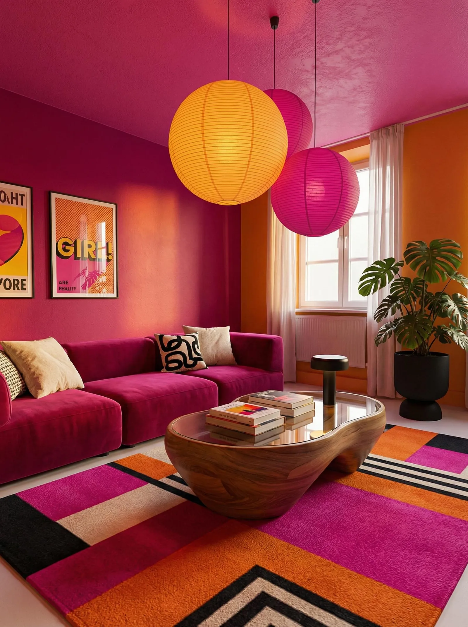 Living room with magenta walls and a magenta ceiling, an orange accent wall by the window, a magenta velvet sectional sofa with cream and black-squiggle cushions, a cluster of orange and hot-pink paper lantern pendants, a sculptural organic walnut coffee table with a glass top, an orange and pink and black geometric rug and a large monstera in a black urn. One tall window on the right.