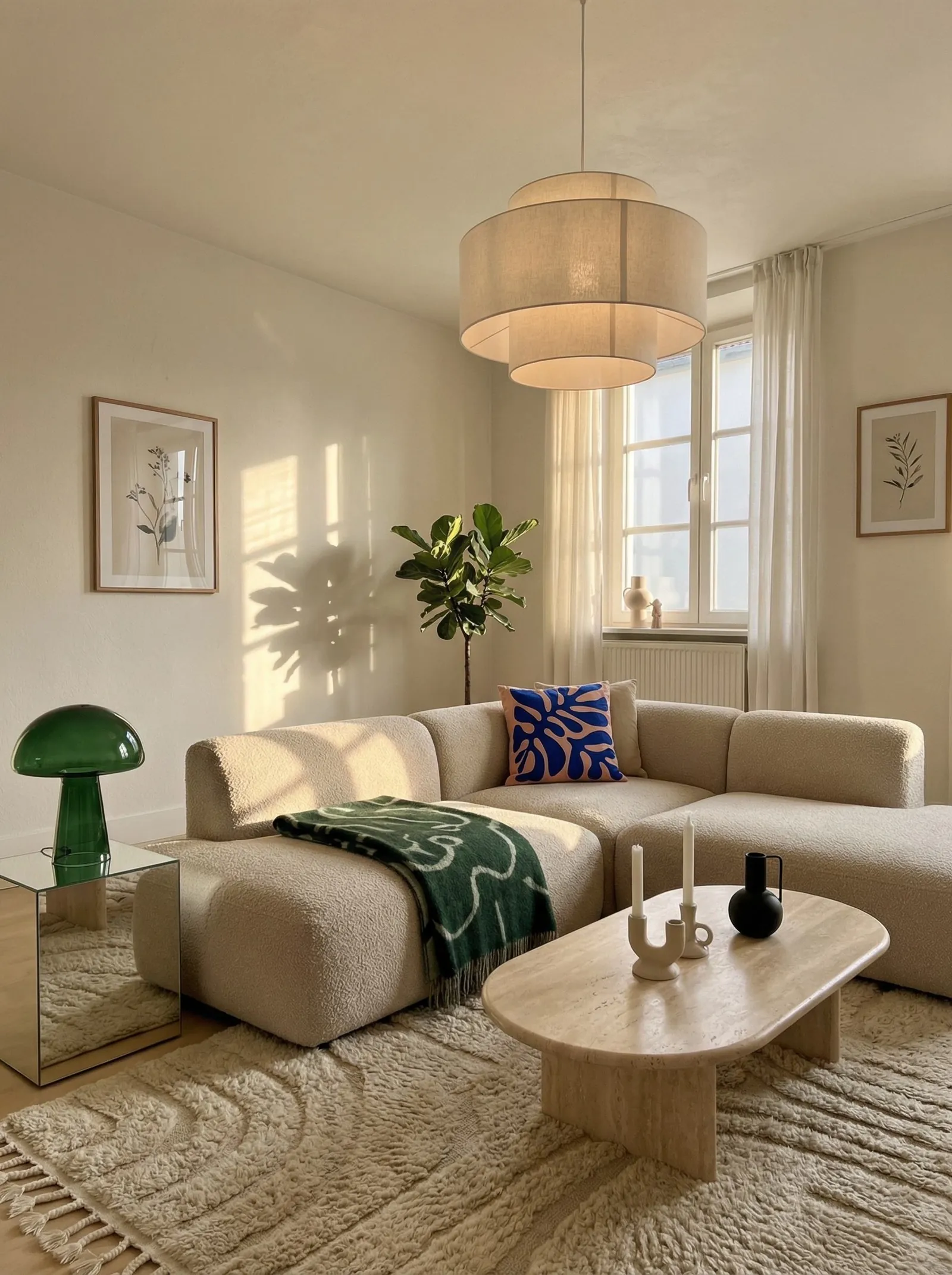 The same corner living room redesigned in organic modern: a cream boucle modular sofa with a blue Matisse cut-out cushion and a green throw, an oval travertine coffee table, a green glass mushroom lamp on a mirrored cube, framed botanical line prints, a tiered linen pendant, and a textured wool rug.