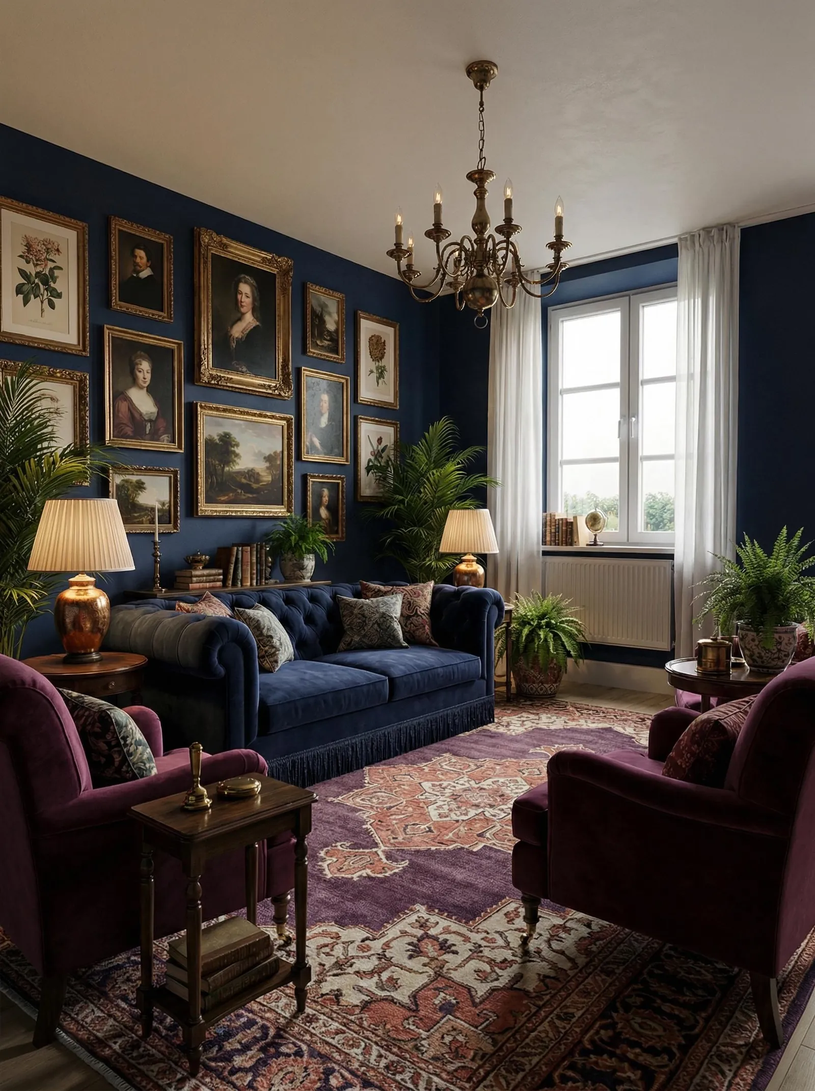A moody living room with deep navy walls and a floor-to-ceiling salon gallery of gilt-framed antique oil portraits, landscapes and botanical prints. A brass candelabra chandelier hangs from the cream ceiling. A single tall window on the right has white sheer curtains and a radiator below. A navy velvet button-tufted chesterfield with a bullion-fringe skirt sits under the art, flanked by two plum velvet armchairs and lit by two pleated-shade lamps on copper ginger-jar bases. Dark-wood side tables hold antique books and brass objects, ferns and palms fill the corners, and a purple-and-rust antique Persian rug covers the wood floor.
