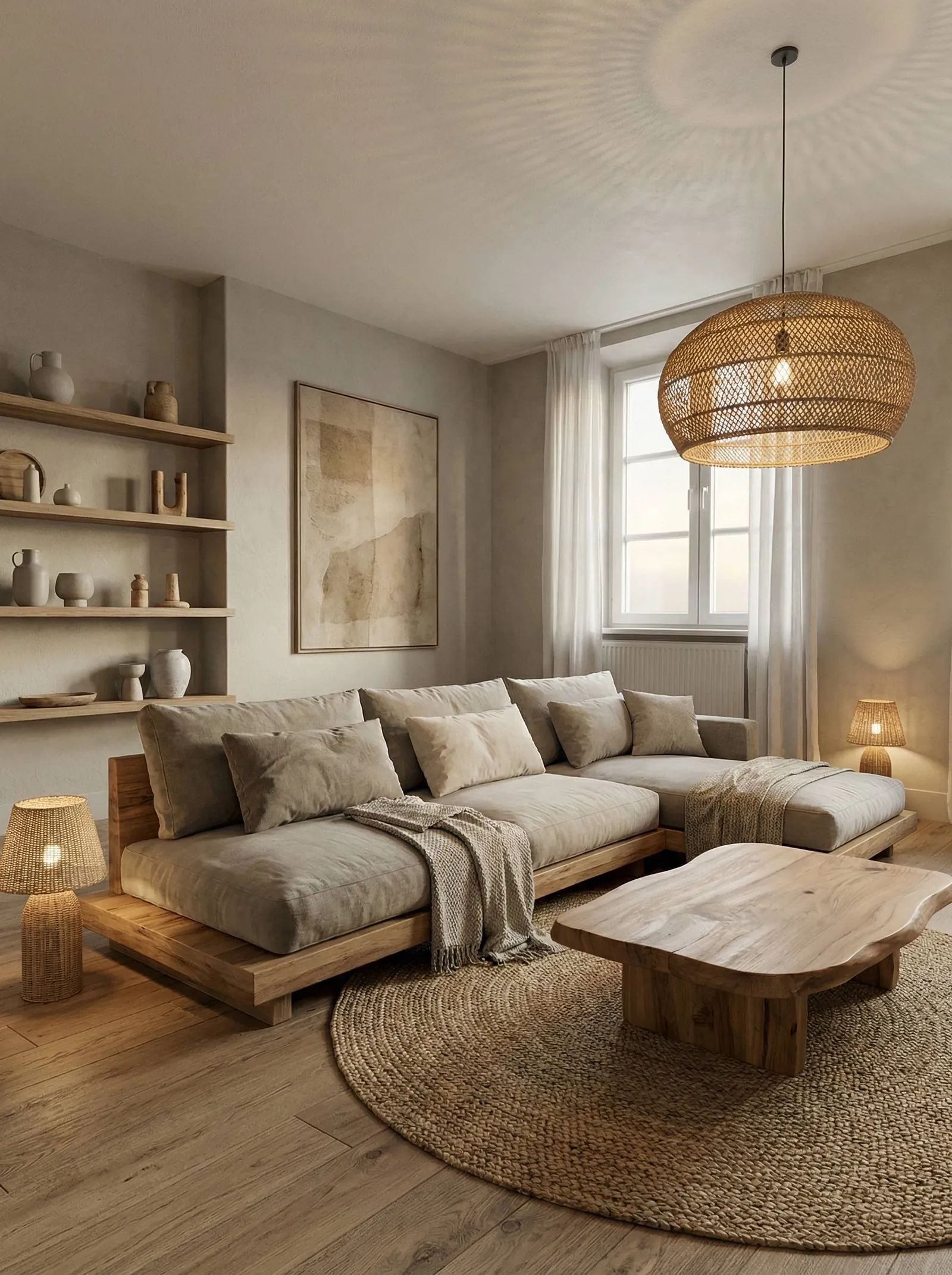 Wabi-sabi living room with a low oak-platform sectional in flax-grey linen cushions, a live-edge wood coffee table on a round jute rug, a woven rattan globe pendant, two woven rattan lamps, floating light-wood shelves holding matte stoneware vases and pottery, and a large muted beige abstract canvas.