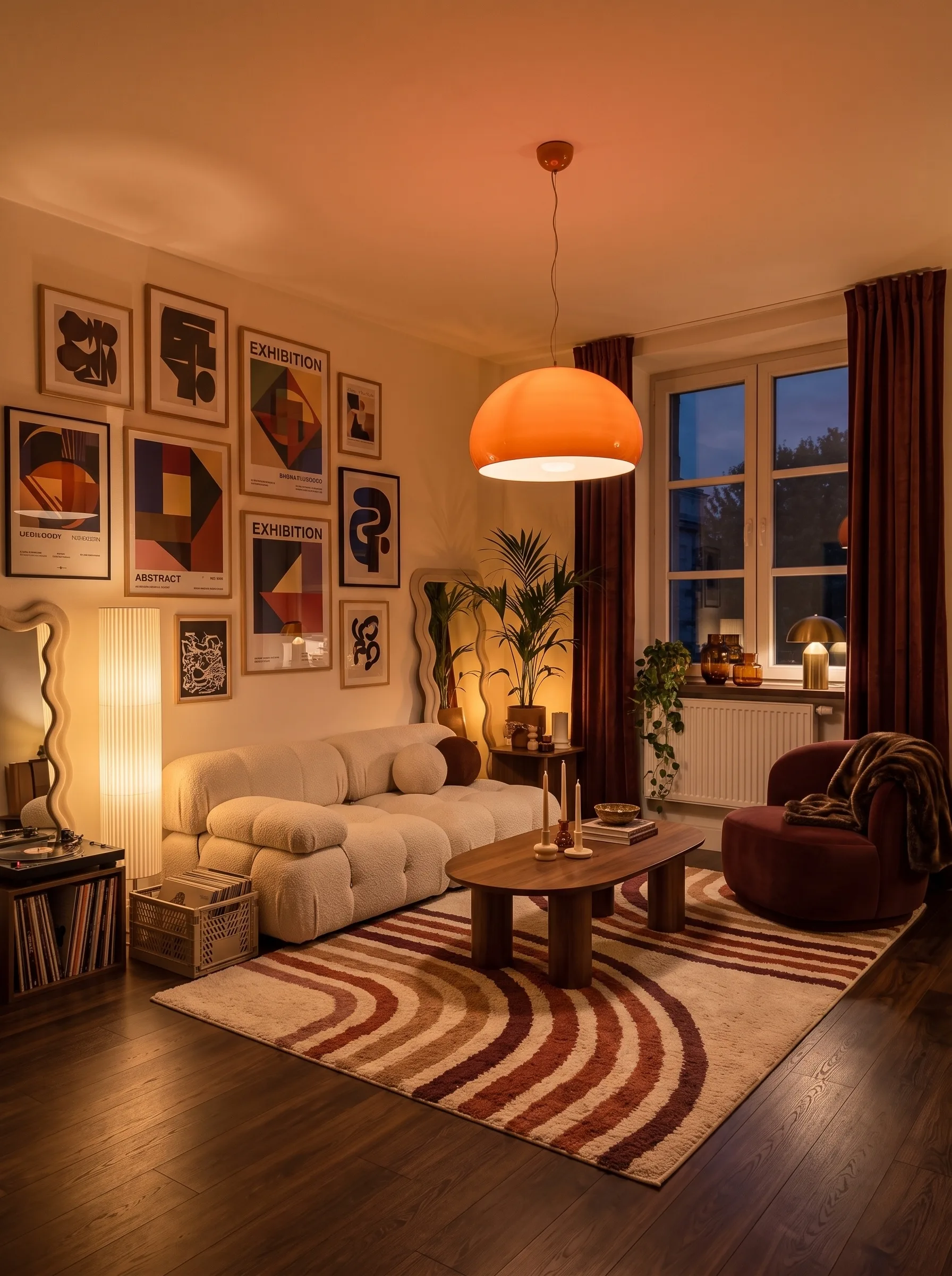 An evening version with a cream boucle modular sofa, an orange dome pendant, a gallery wall of Bauhaus exhibition posters, an arch-striped 70s rug, an oxblood swivel chair, wavy mirrors and a record player in the corner.