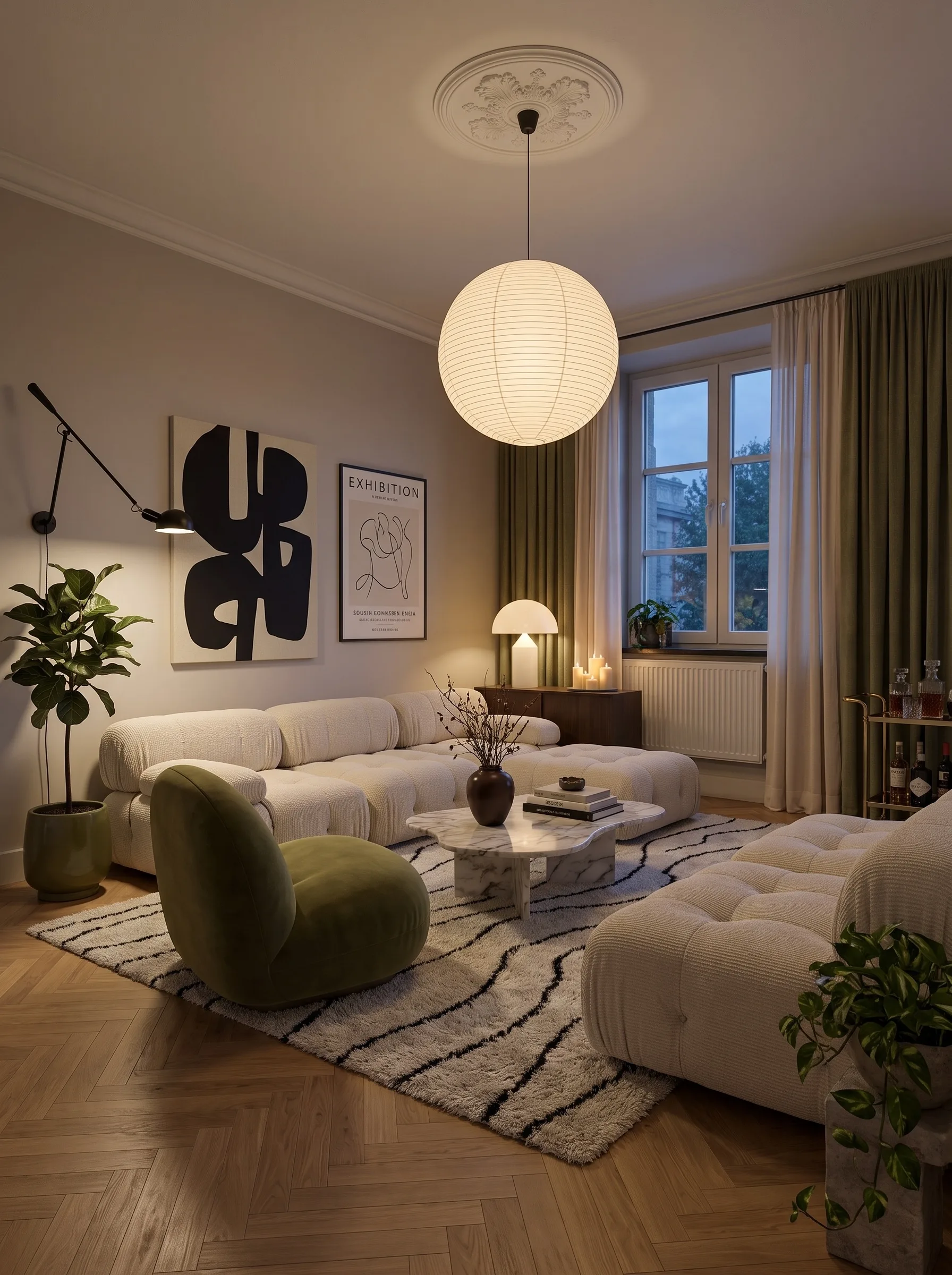 Scandi living room at dusk with a cream boucle modular sofa, an olive velvet lounge chair, an organic-shaped marble coffee table, a paper globe pendant, olive curtains, lit candles on a walnut sideboard and a bar cart by the window.