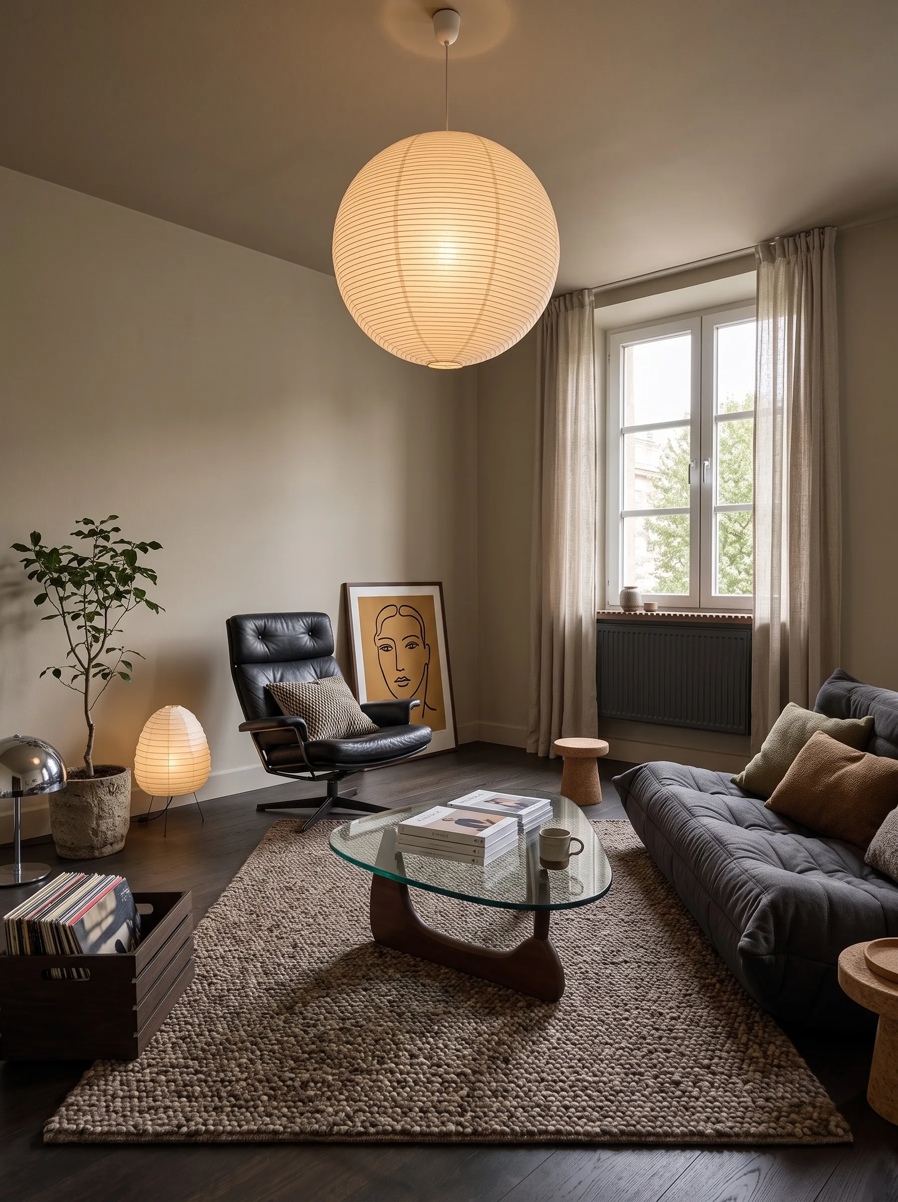 Japandi living room with a large paper globe pendant, a small Akari floor lantern, a grey futon-style sofa, a black leather recliner, a Noguchi glass coffee table, a Matisse-style print propped on the floor and a nubby jute rug on dark boards.