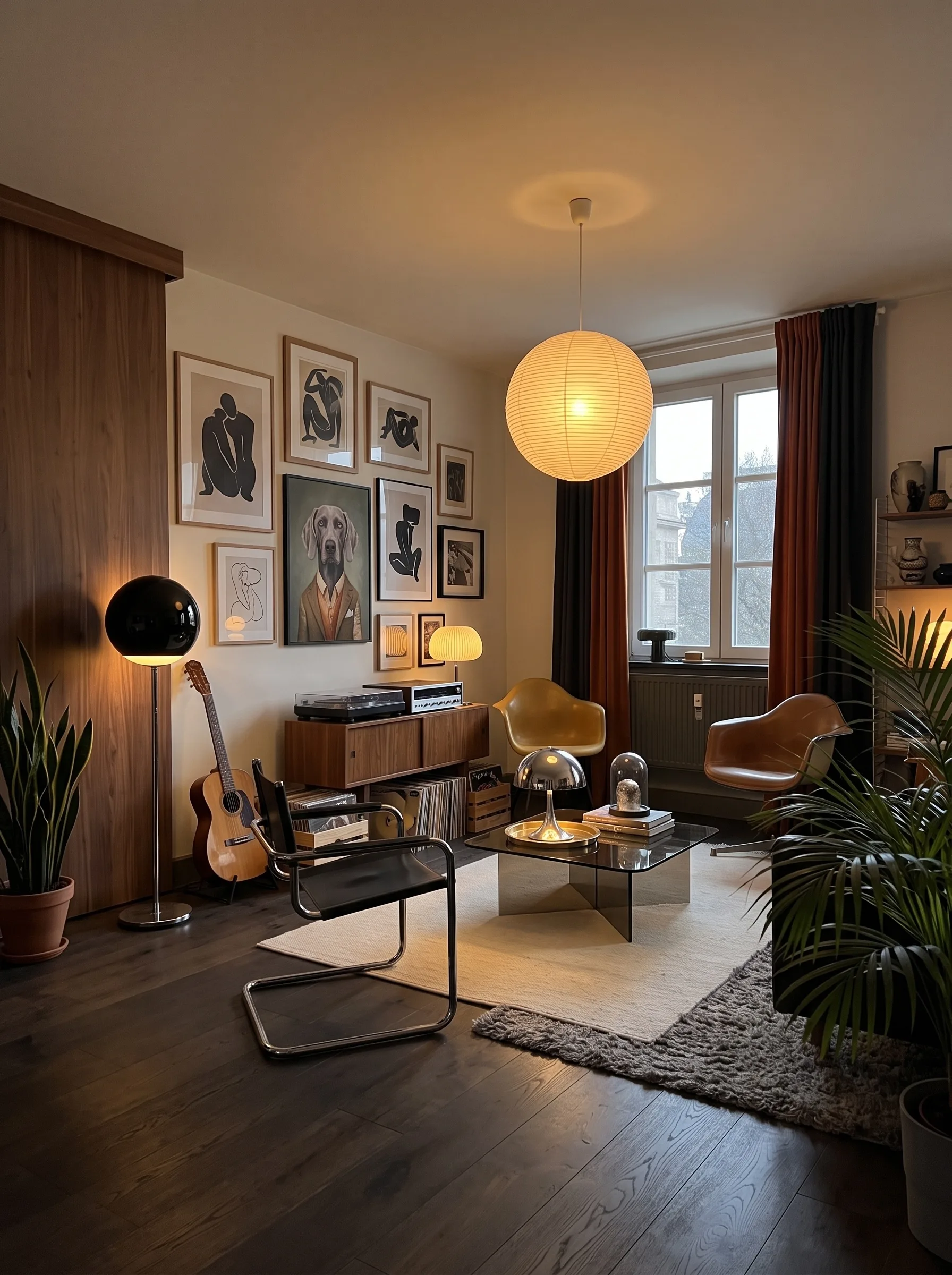 Moody living room with a walnut panel wall, a gallery of framed prints including Matisse cutouts and a dog portrait, a walnut record console, two Eames fiberglass chairs, a Bauhaus cantilever chair, a black globe floor lamp and plants on dark floors.