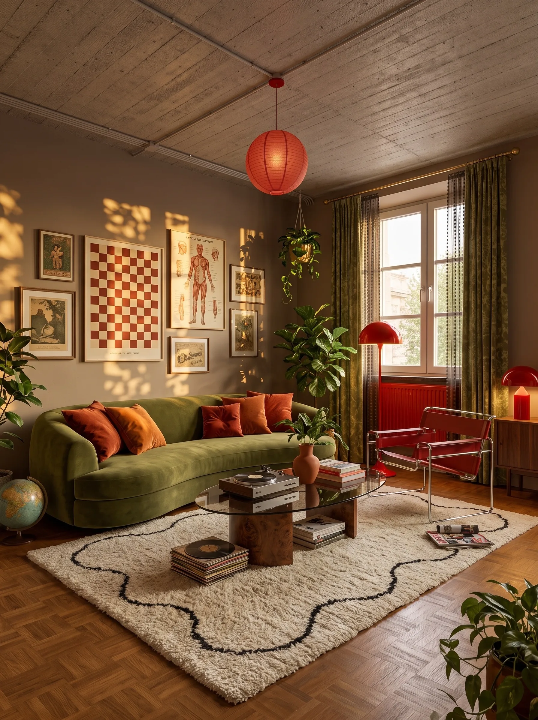 A sunset version with a concrete ceiling, a curved olive-green velvet sofa with orange velvet cushions, a red Wassily chair, a red radiator, a checkerboard poster, globes and a cream shag rug on parquet.