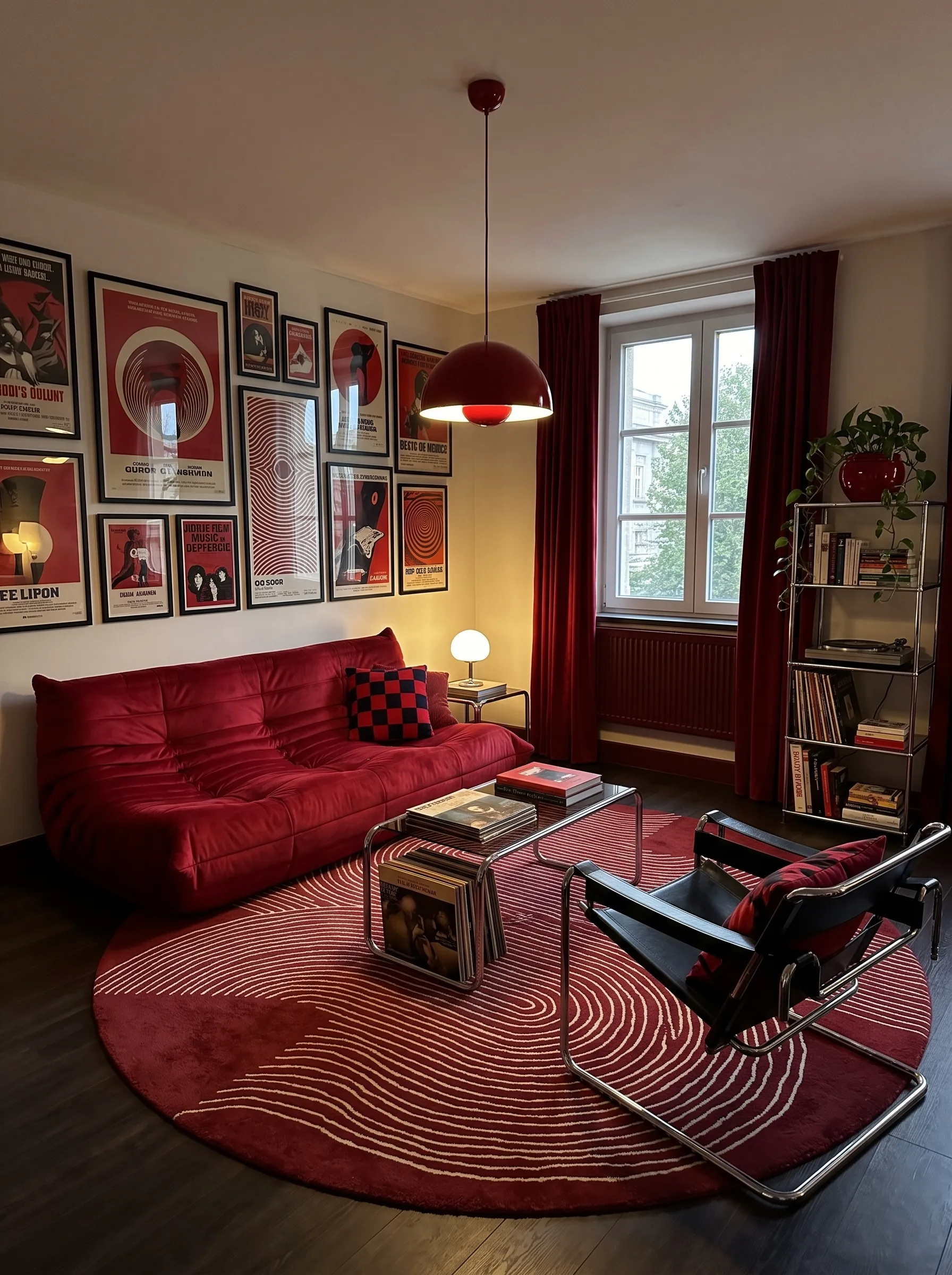 Living room with a wall of framed red and black gig posters, a red Togo-style sofa, a red Flowerpot pendant, a black leather Wassily-style chair, a chrome shelving tower with books and a turntable, and a red spiral-pattern round rug.