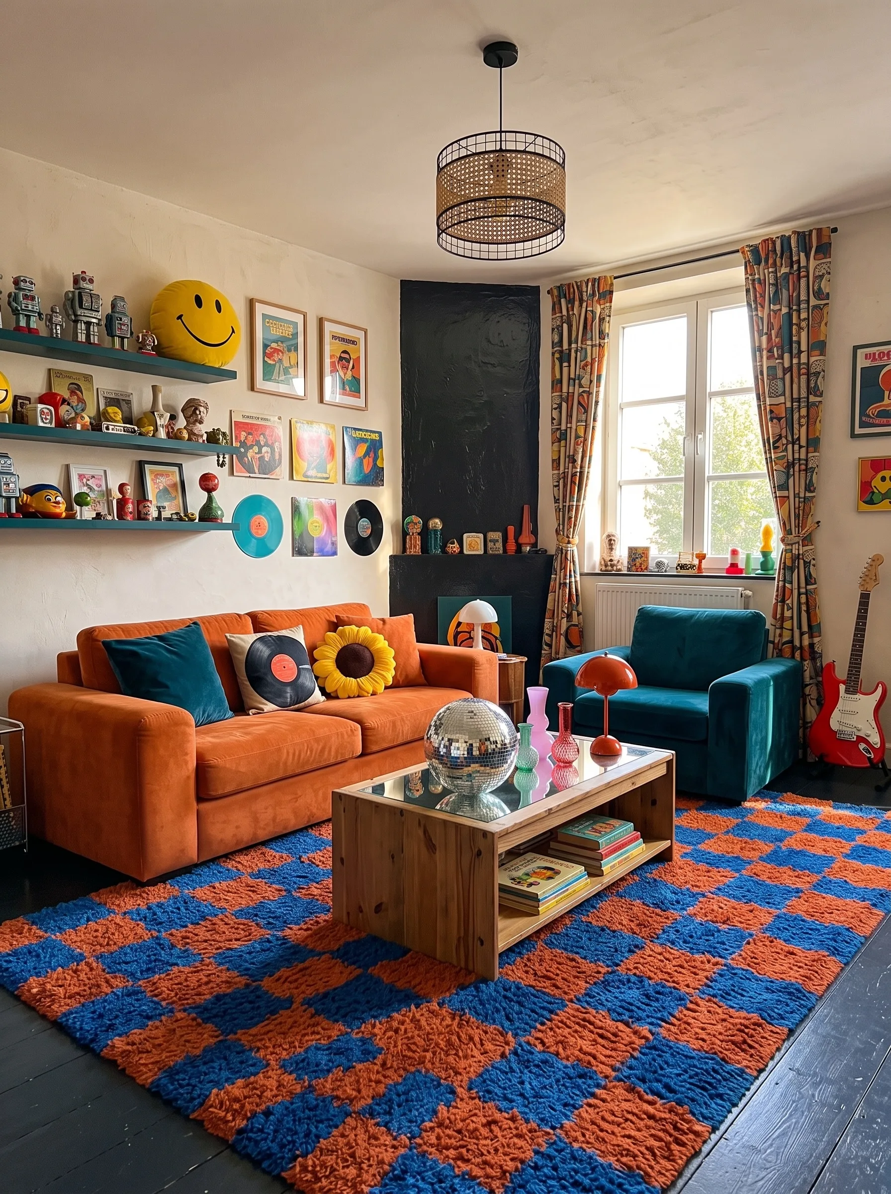 Dopamine living room with an orange velvet sofa, a teal velvet armchair, an orange and blue checkerboard shag rug, shelves of vintage tin robots and figurines, records on the wall, a disco ball on the coffee table and a red electric guitar in the corner.