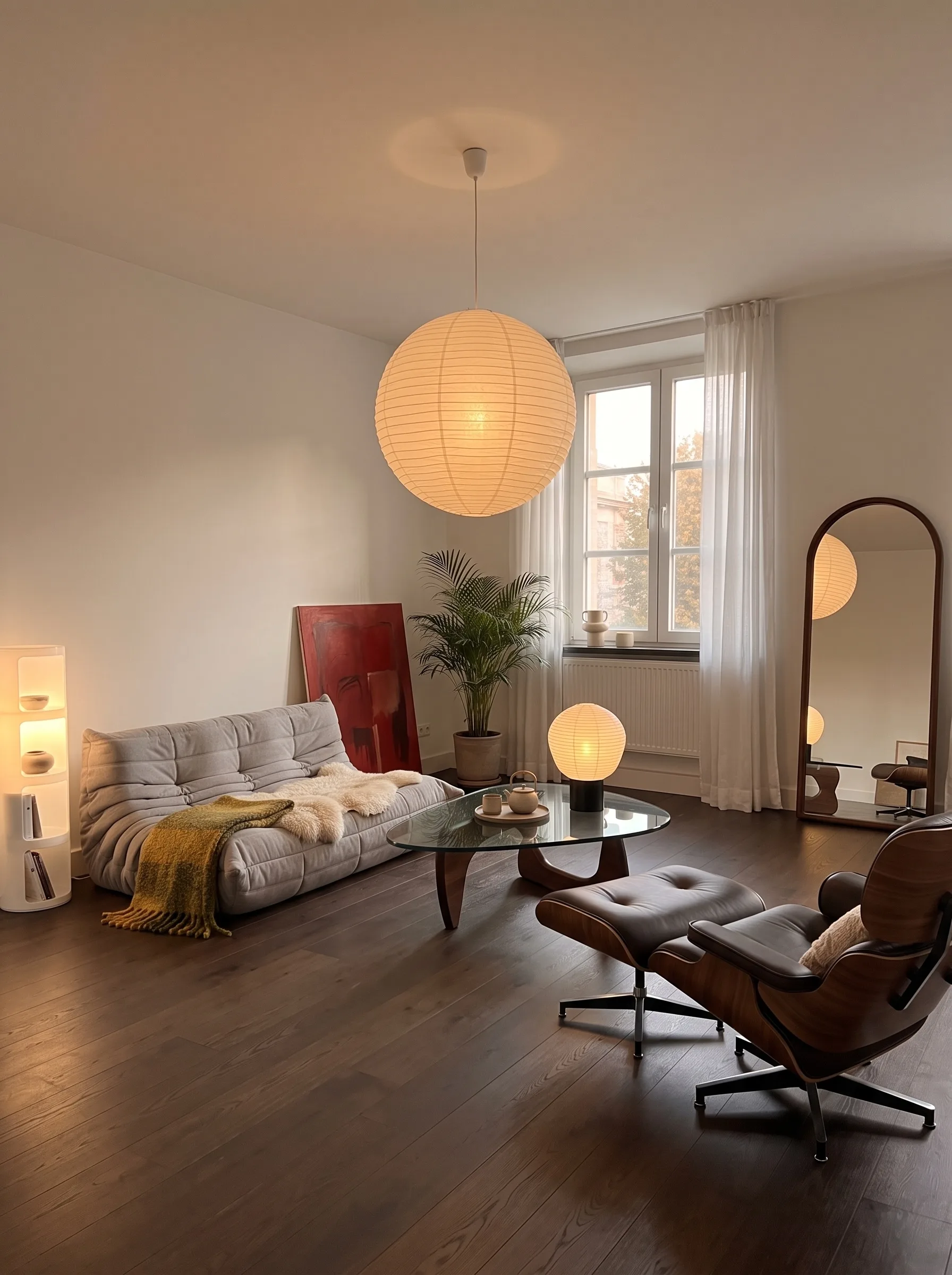 Japandi living room with a grey Togo-style sofa under a sheepskin, an Eames lounge chair and ottoman, a Noguchi glass coffee table with a tea set, a paper globe pendant, a paper table lantern, an arched walnut floor mirror and a red abstract canvas leaning on the wall.