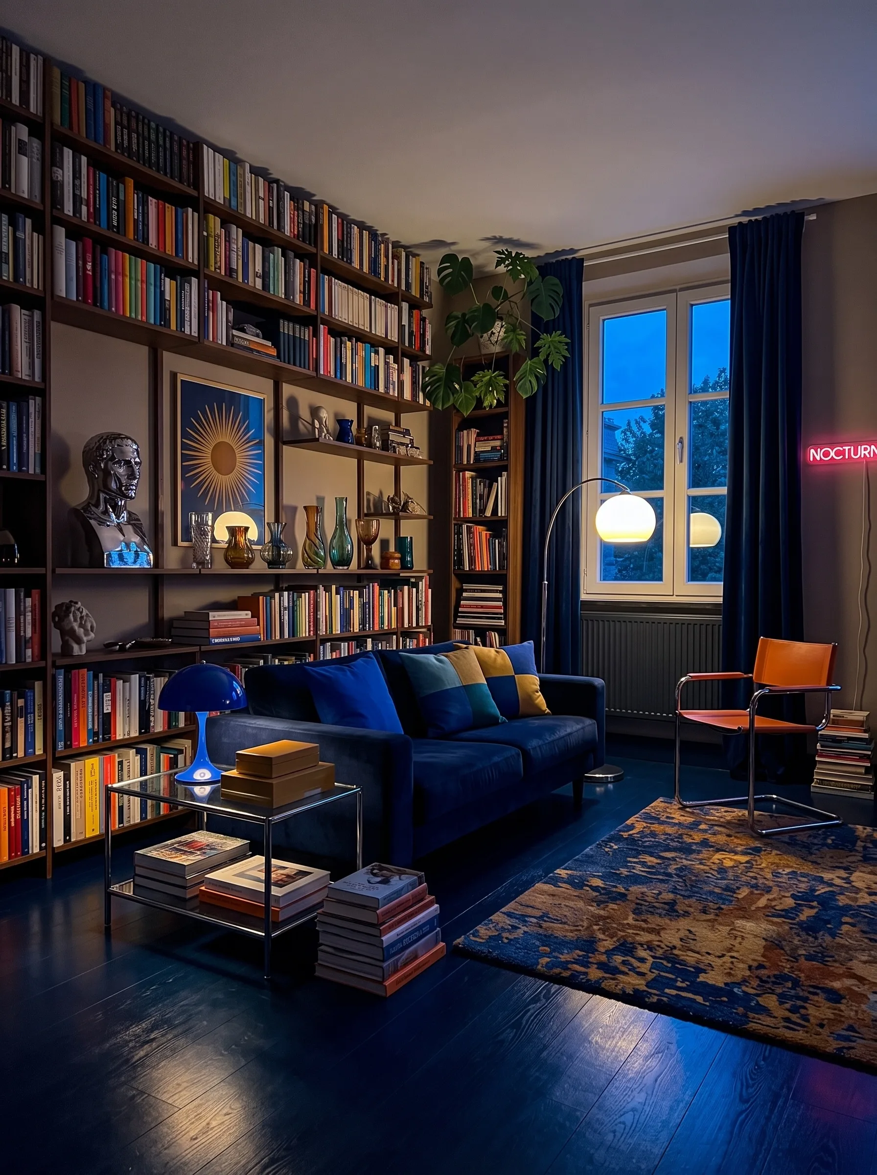 Living room at night with floor-to-ceiling bookshelves, a navy velvet sofa with colour-block cushions, a pink neon sign reading Nocturne, a blue Panthella lamp, a cognac leather cantilever chair and a blue-and-rust rug on dark blue floors.