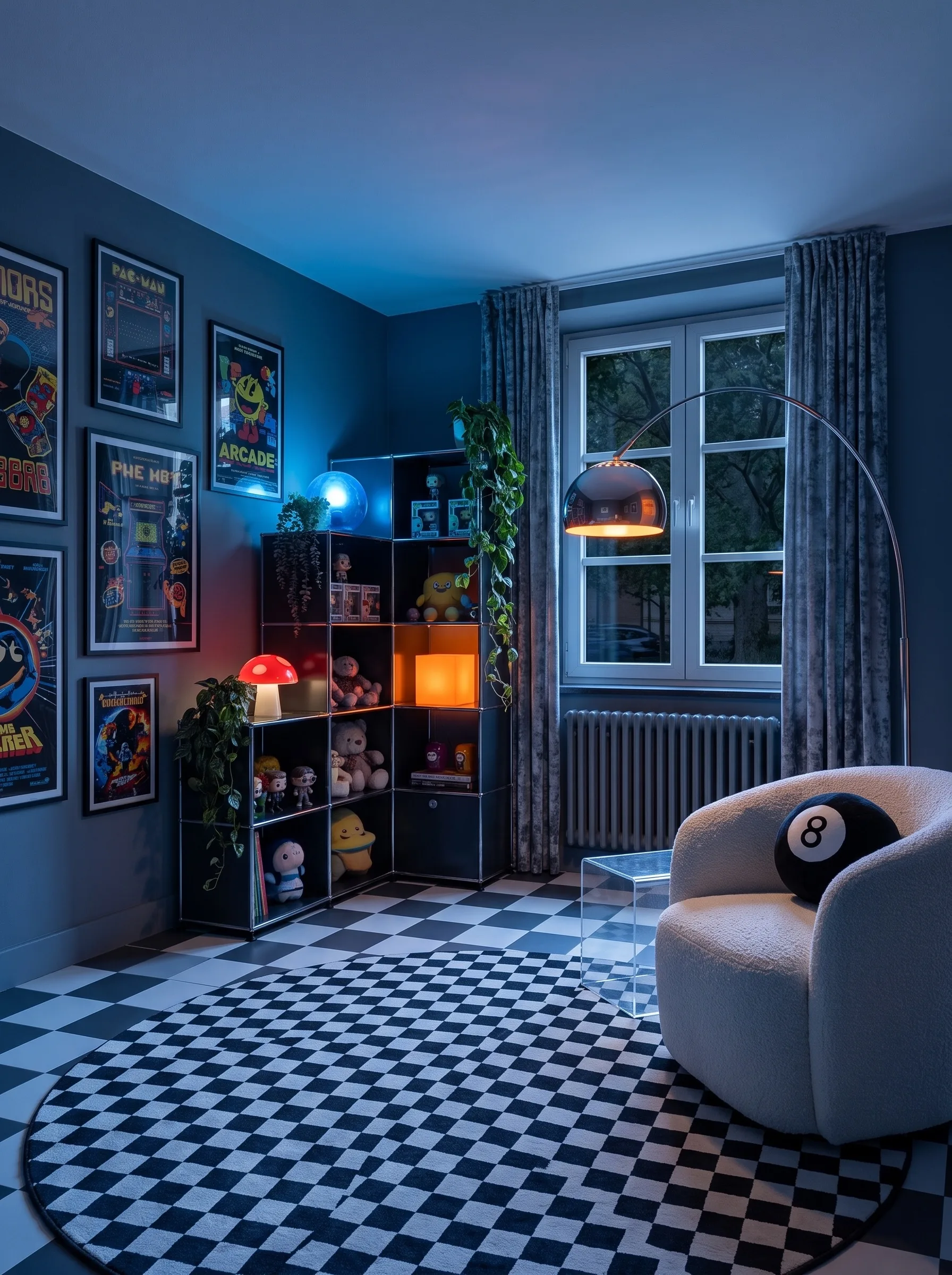 Living room at dusk with blue-grey walls, framed arcade game posters, a black modular shelf of plush toys and figures glowing with an orange cube lamp, a chrome arc lamp, a boucle swivel chair with an 8-ball pillow and a black and white checkerboard floor and rug.