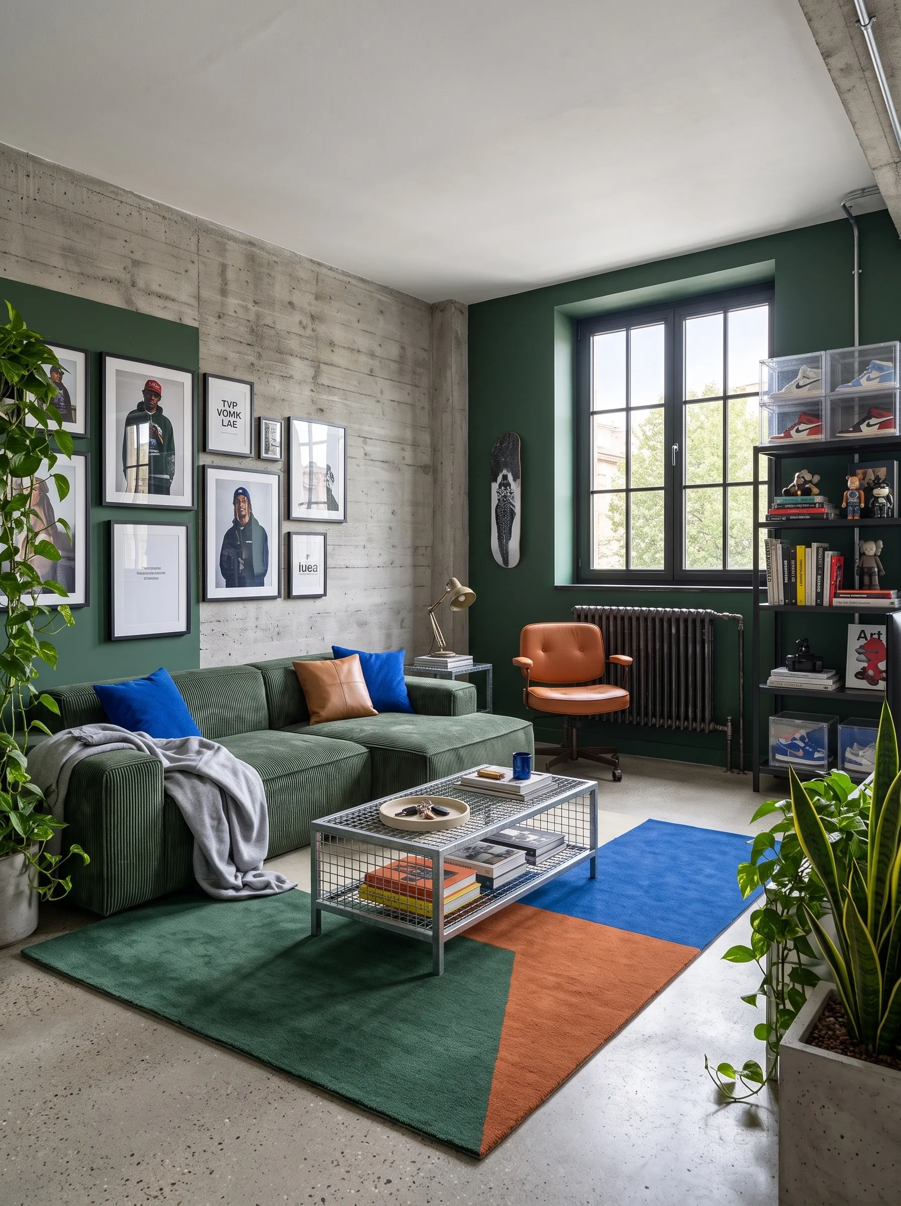 An industrial living room with a board-formed concrete wall and forest green walls, a green corduroy sofa with cobalt and tan cushions, a galvanised wire-grid coffee table, sneakers displayed in acrylic cases on black metal shelving, a skateboard deck on the wall, streetwear portraits in black frames and a colour-block rug.