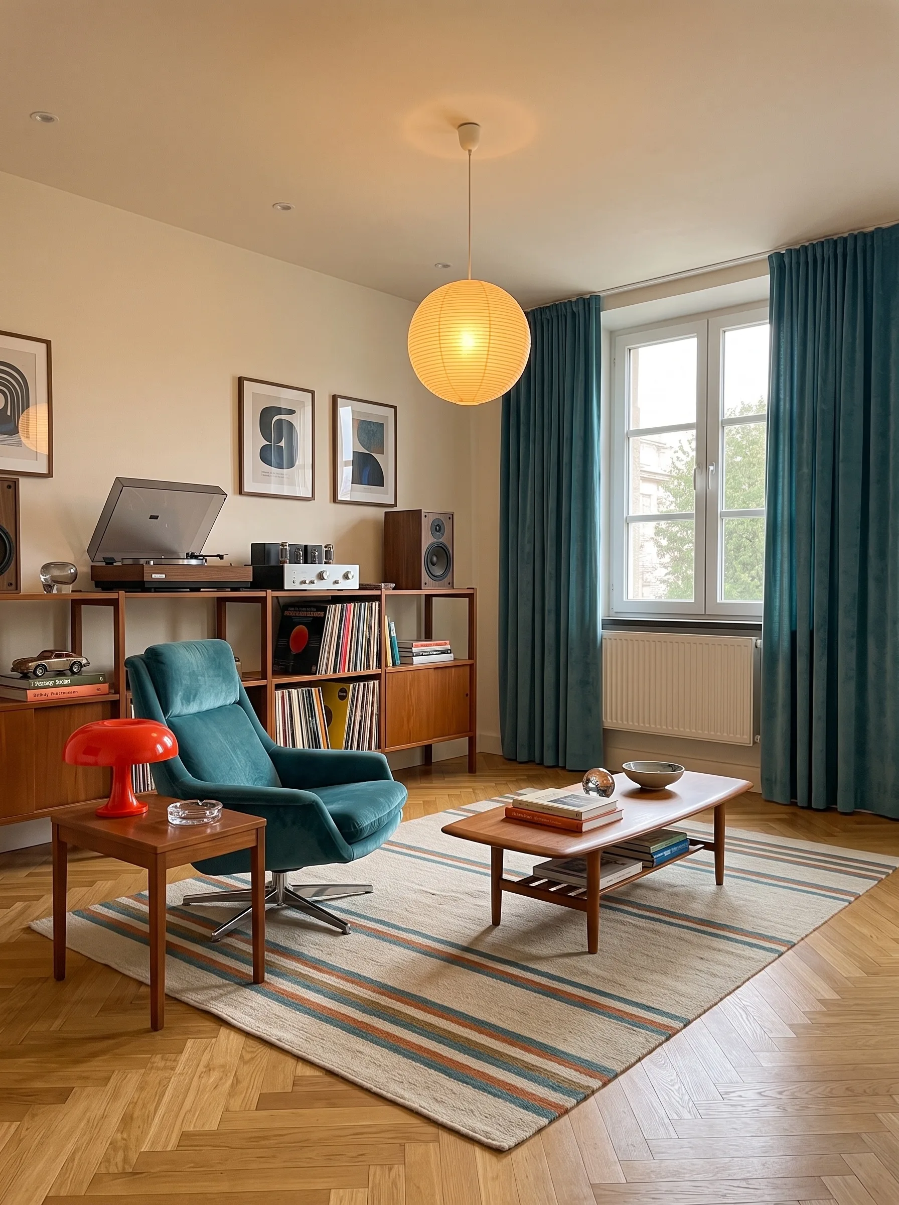The same room as a mid-century listening lounge: a teak modular shelving run holding a turntable, amplifier, speakers and crates of vinyl, a teal velvet swivel chair, a red Nesso mushroom lamp on a teak side table, a surfboard coffee table, a striped flat-weave rug and teal velvet curtains.