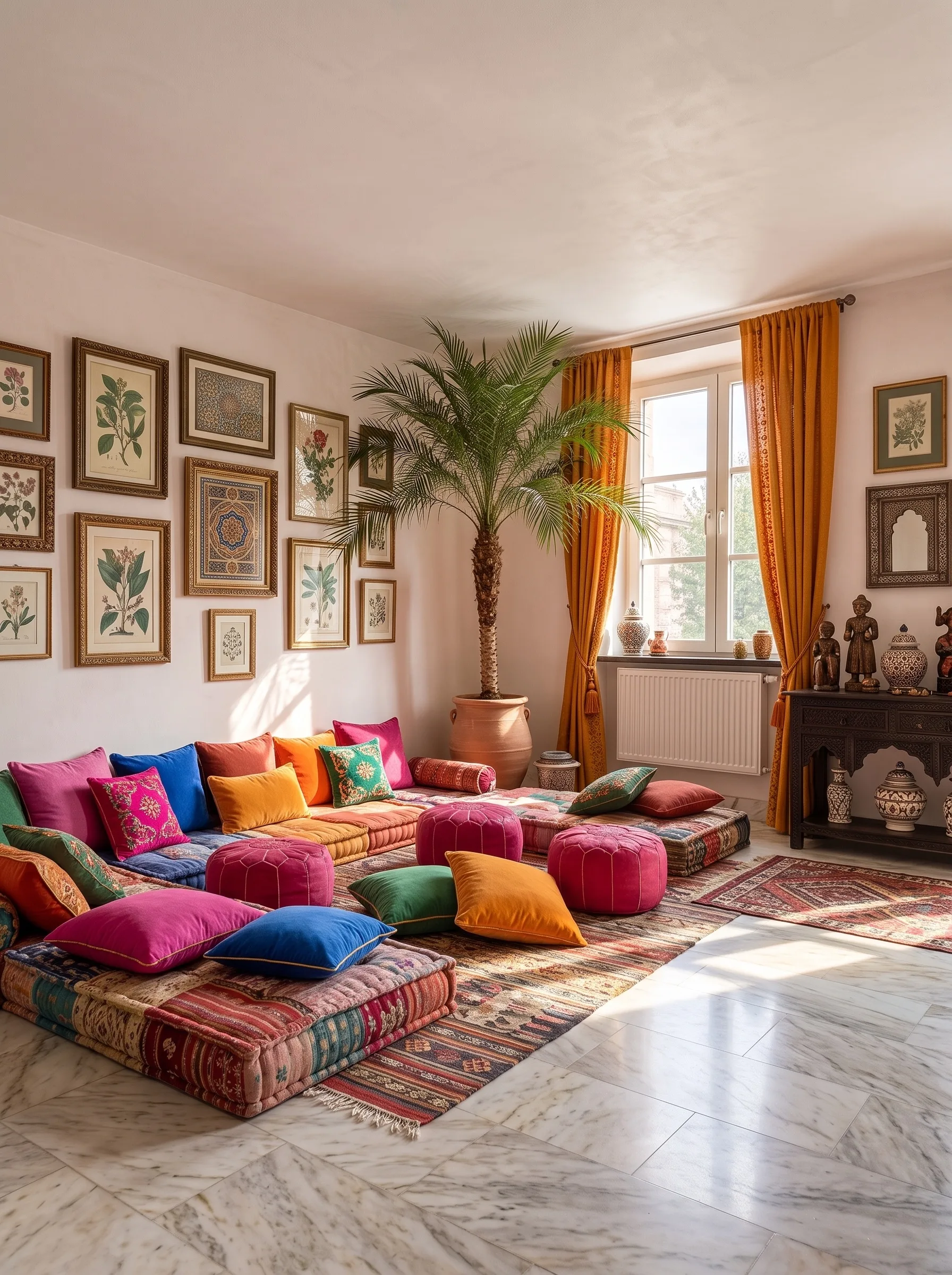 Sunlit living room with low Moroccan floor seating in patchwork kilim, leather poufs, jewel-toned velvet cushions, a gallery of botanical and arabesque prints in gold frames, a potted palm, ochre curtains and a carved dark-wood console with ceramics.