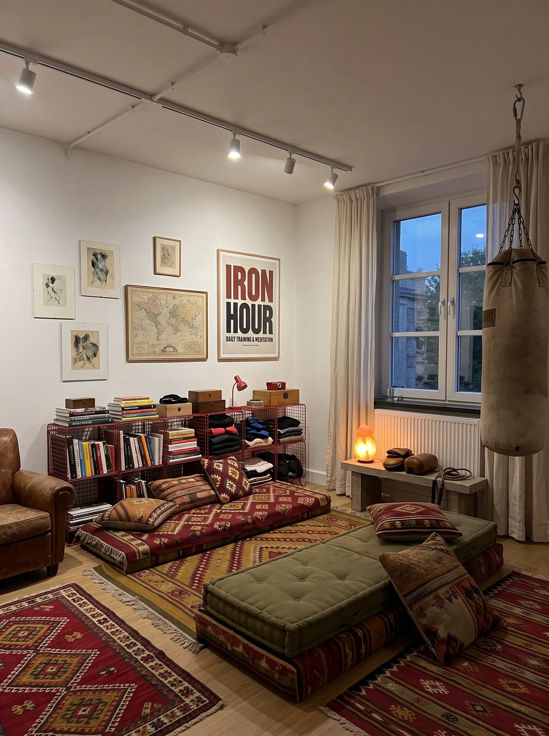 Living room with two kilim-covered floor mattresses instead of a sofa, a hanging punching bag, red wire storage cubes with books and folded clothes, a leather club chair, a salt lamp and an IRON HOUR training poster.