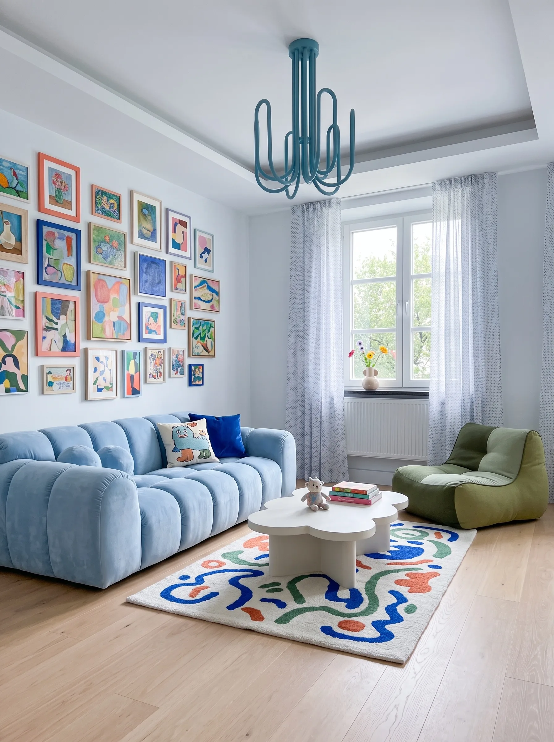 Danish pastel living room with pale blue walls, a powder-blue channel-tufted sofa, a wall of small colourful naive paintings, a white cloud-shaped coffee table, a squiggle-pattern rug, a green bean bag chair and a teal squiggle chandelier.