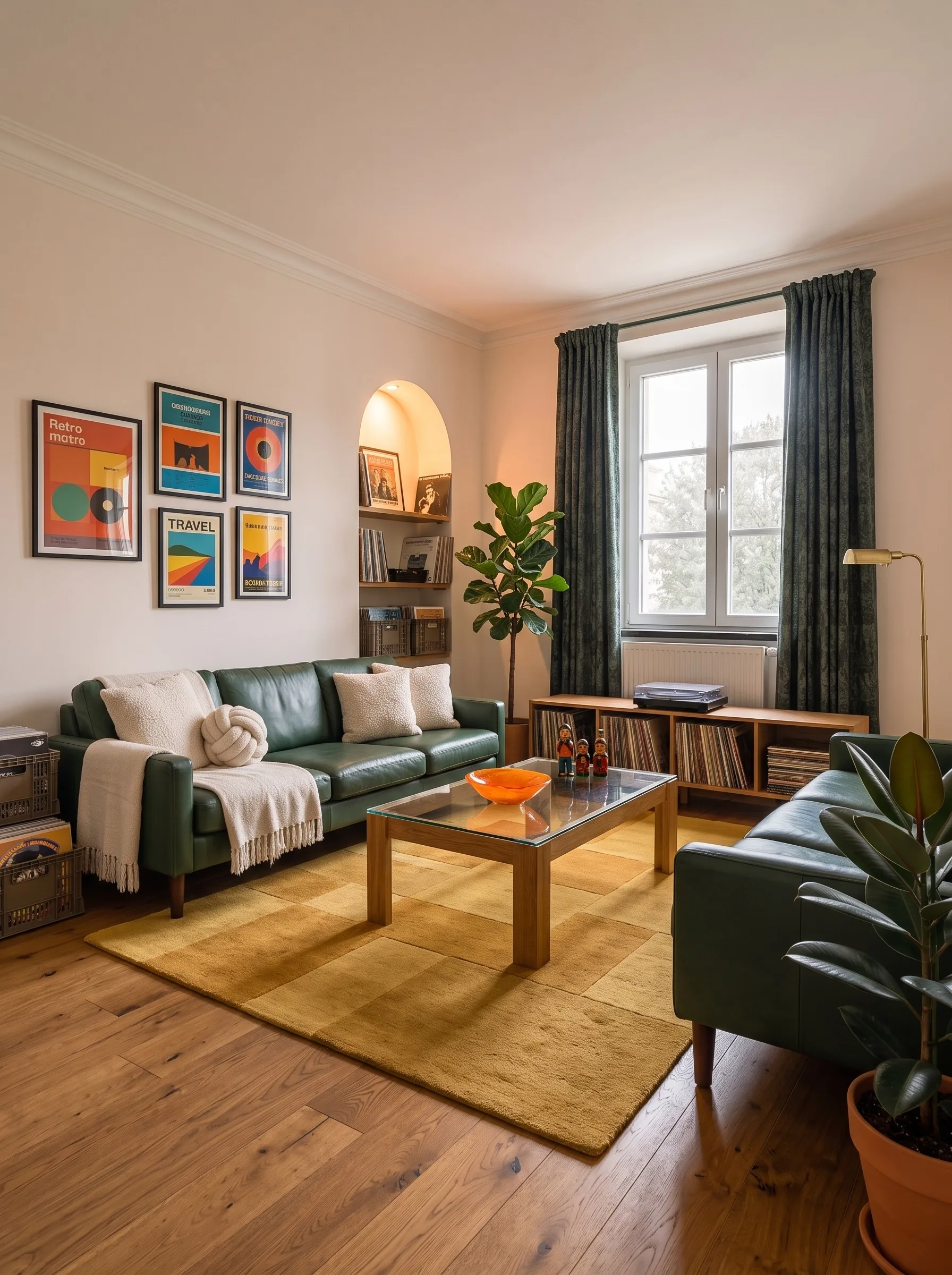 A daytime version with two green leather sofas facing each other, a record console under the window, an alcove of shelved vinyl, retro travel posters, a mustard colour-block rug and a glass-topped coffee table.