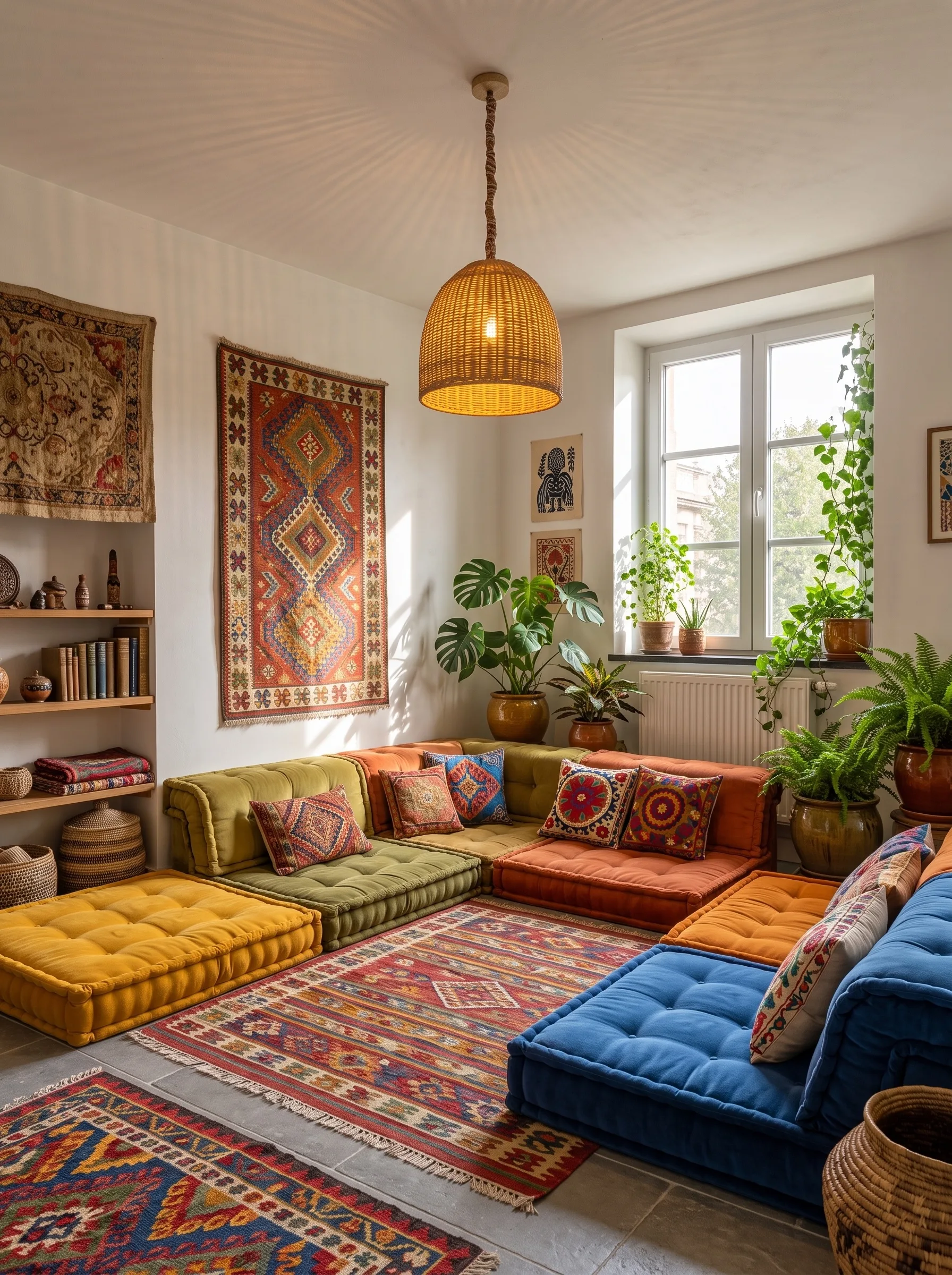 Living room with modular floor cushions in olive, orange, blue and mustard arranged as low seating, kilim rugs on the floor and hung on the walls, a wicker pendant, open shelves of baskets and pottery, and plants at the window.