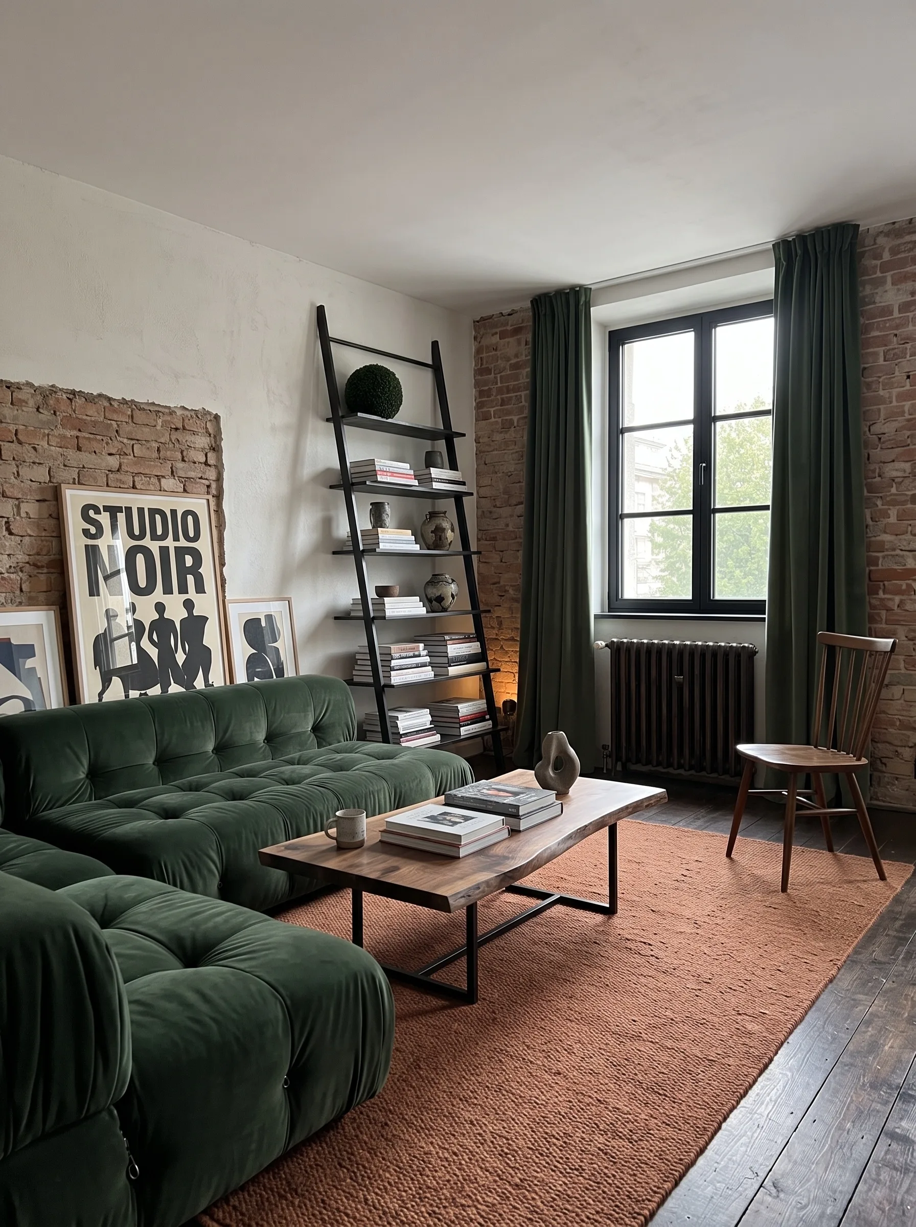 An industrial living room with exposed brick walls, a green velvet tufted modular sofa, a black ladder bookshelf with pottery and books, a live-edge walnut coffee table on black steel legs, green velvet curtains and a terracotta wool rug on dark boards.
