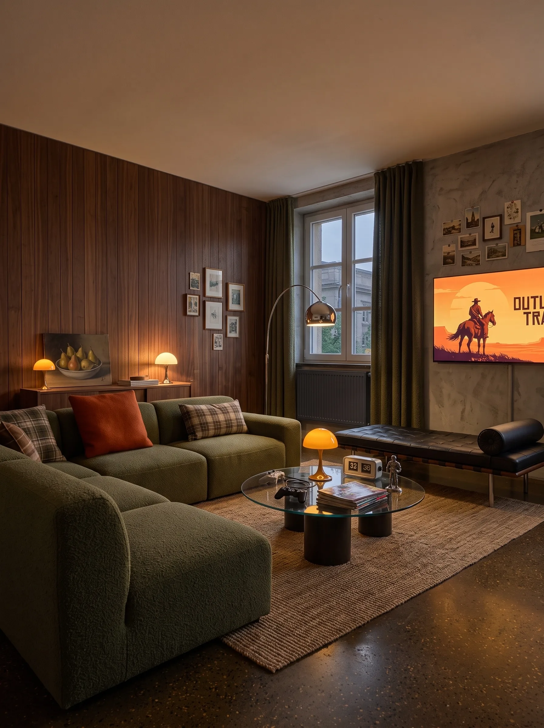 The same room as an evening den: a walnut panelled wall, an olive-green modular sofa with plaid and orange cushions, a round glass coffee table with a game controller, a black leather daybed bench, a wall-mounted TV showing a western game, mushroom lamps and an arc lamp on a jute rug.