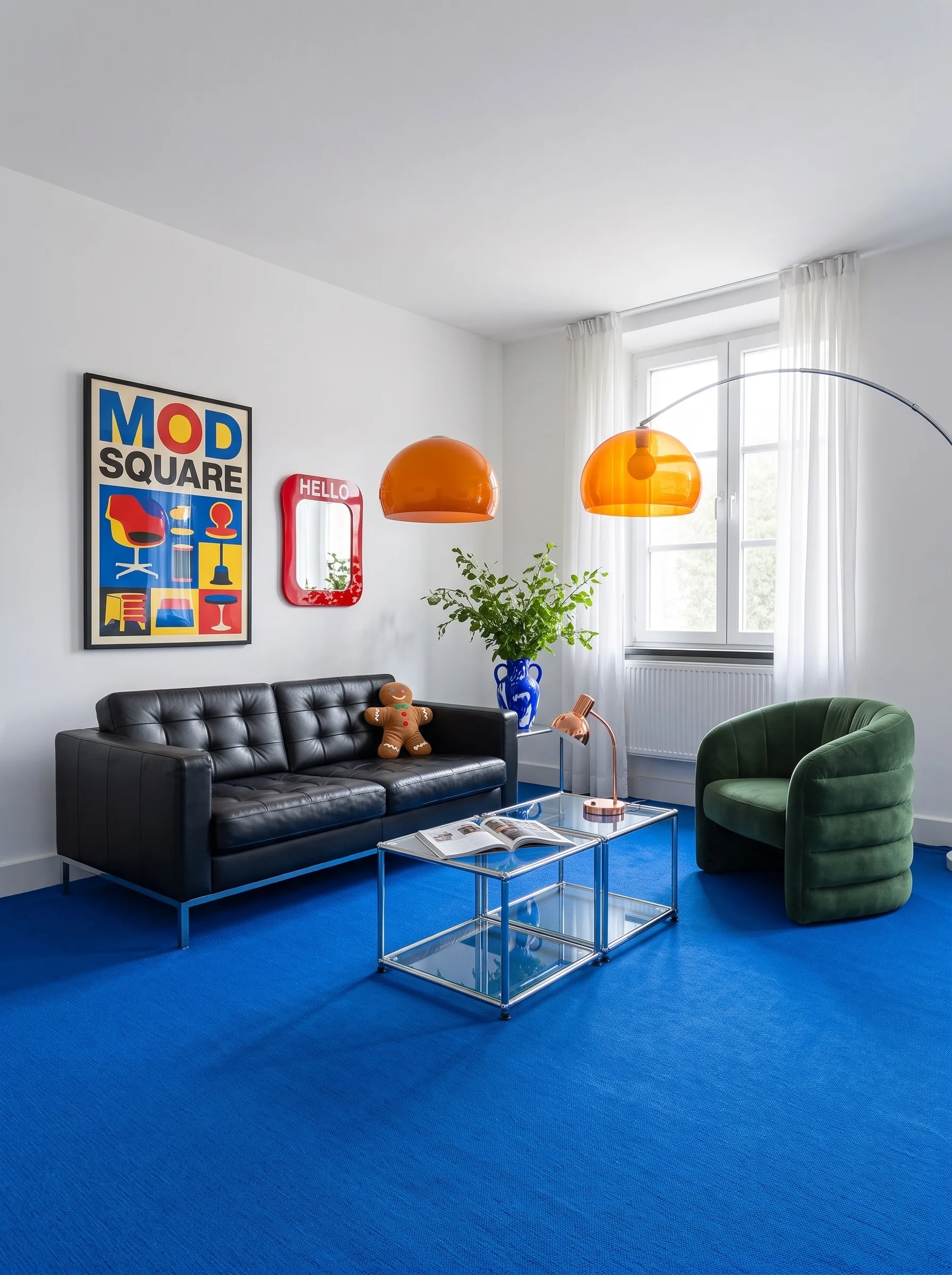 The same living room redesigned colour block: a cobalt blue carpet, white walls, a black leather sofa, two orange dome lamps, a red-framed mirror and a MOD SQUARE graphic poster