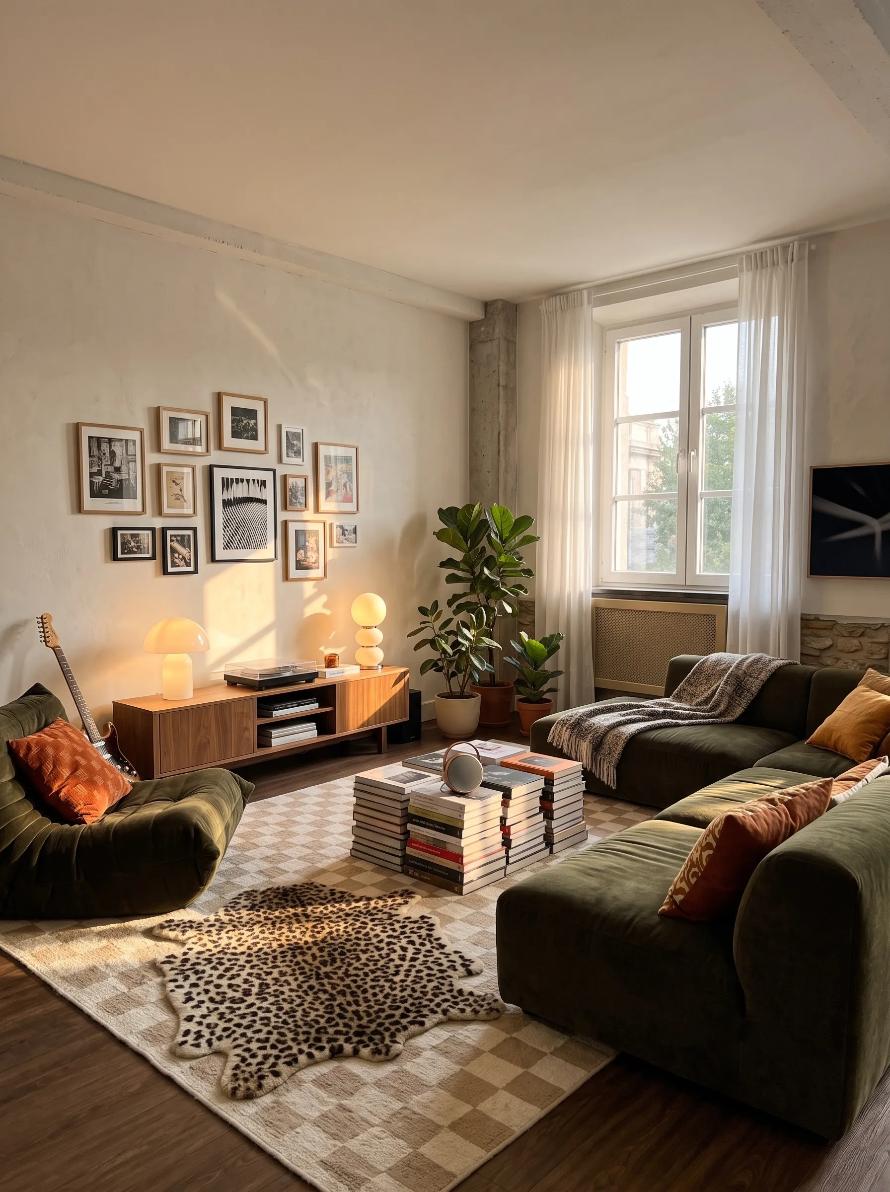 Sunlit living room with two olive green modular sofas, a beige checkerboard rug layered with a leopard-print rug, stacks of art books as a coffee table, a walnut media console, a gallery wall and a guitar in the corner.